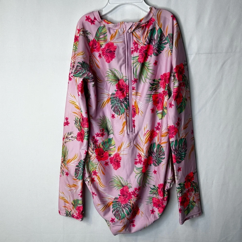 Art Class Pink Floral Girl’s Onepiece Swimsuit Rashguard Long Sleeve Size 10-12